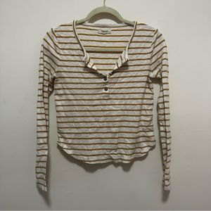 Madewell ribbed Henley button shirt with mustard and cream horizontal stripes